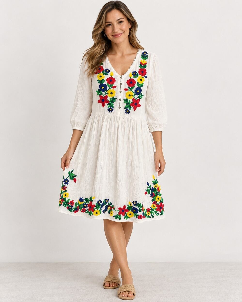 Riviera Sun Size M White Floral Embroidered Boho Peasant Dress Cottagecore